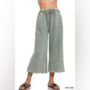 Z14 Zenana C8 Ash Jade Green ACID WASH FLEECE PALAZZO SWEATPANTS WITH POCKETS